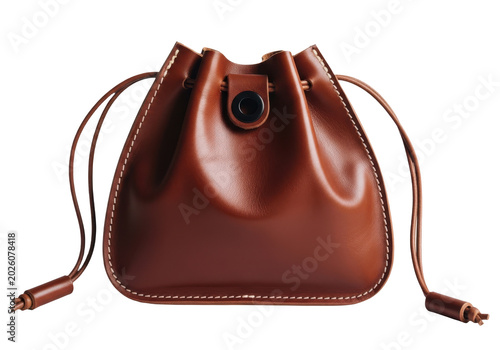 Small brown leather drawstring pouch isolated on transparent background