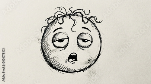 Obraz na płótnie Tired cartoon face with messy hair and open mouth.