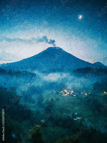 Vászonkép Mystical Volcano Landscape Painting, Blue Mountain Night Scene, Moonlit Nature A