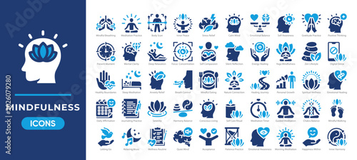 Mindfulness and Meditation Icon Set, Mental Health Wellness and Yoga Practice. Simple solid vector.