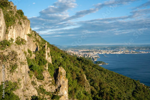 Aerial View Of Trieste City Harbour From Napoleonica Hiking Trail - Famous Climbing Bouldering Area, Gulf Of Trieste Adriatic Italy, Panoramic Karst Hillside Overlook