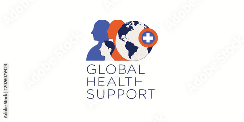 Bild auf Leinwand Global health support logo with diverse people silhouettes and world globe illustration