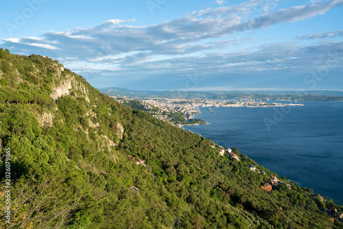 Aerial View Of Trieste City Harbour From Napoleonica Hiking Trail - Famous Climbing Bouldering Area, Gulf Of Trieste Adriatic Italy, Panoramic Karst Hillside Overlook