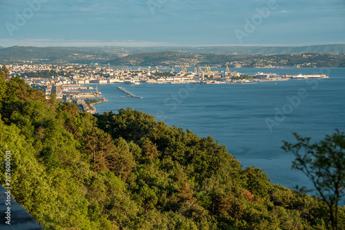 Aerial View Of Trieste City Harbour From Napoleonica Hiking Trail - Famous Climbing Bouldering Area, Gulf Of Trieste Adriatic Italy, Panoramic Karst Hillside Overlook