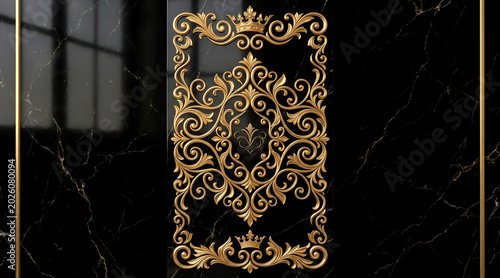 Luxurious gold ornate frame on black marble background with golden accents and reflections