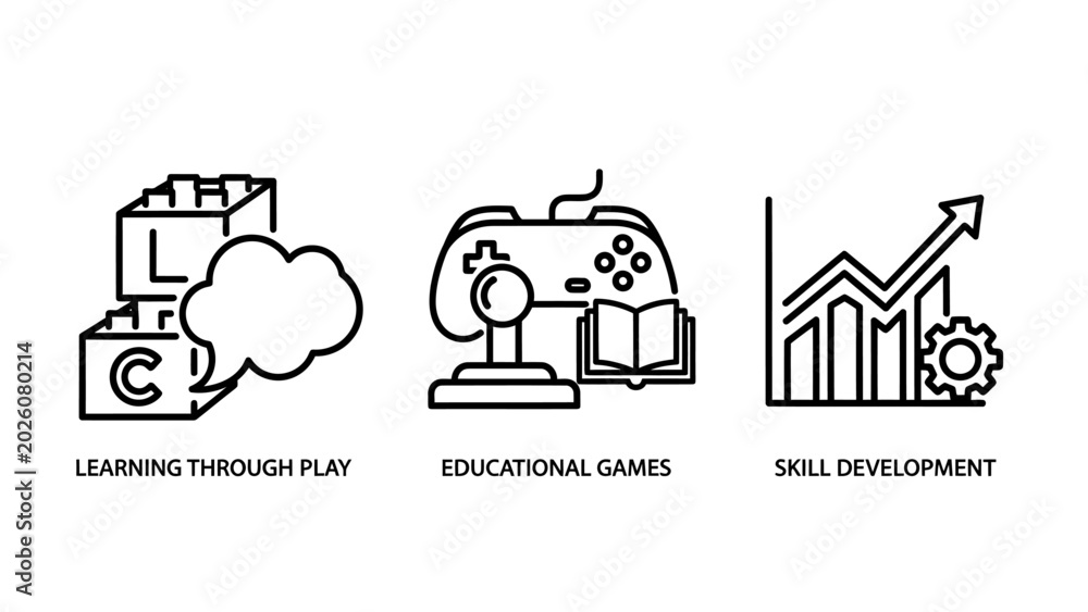 Fototapeta premium Set of black and white linear icons illustrating the concepts of learning through play with building blocks educational games with a gamepad and book and skill development with a growth graph