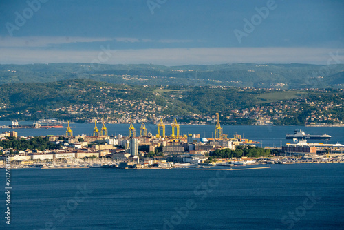 Aerial View Of Trieste City Harbour From Napoleonica Hiking Trail - Famous Climbing Bouldering Area, Gulf Of Trieste Adriatic Italy, Panoramic Karst Hillside Overlook