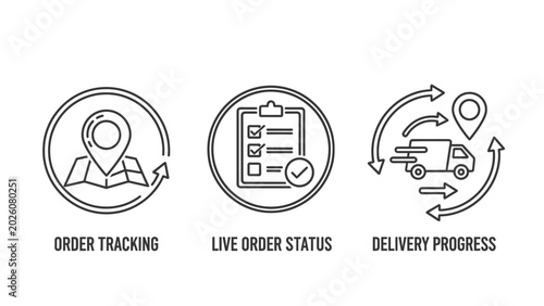 Logistics and e-commerce icon set showing order tracking on map live order status checklist and delivery progress truck with real time logistics delivery tracking location progress shipping