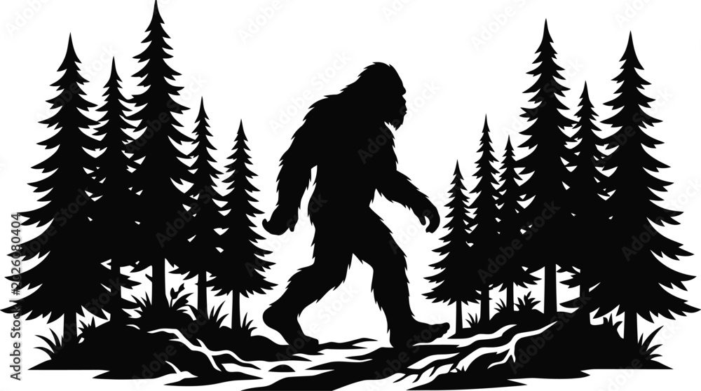 Fototapeta premium Bigfoot walking in a forest with pine trees