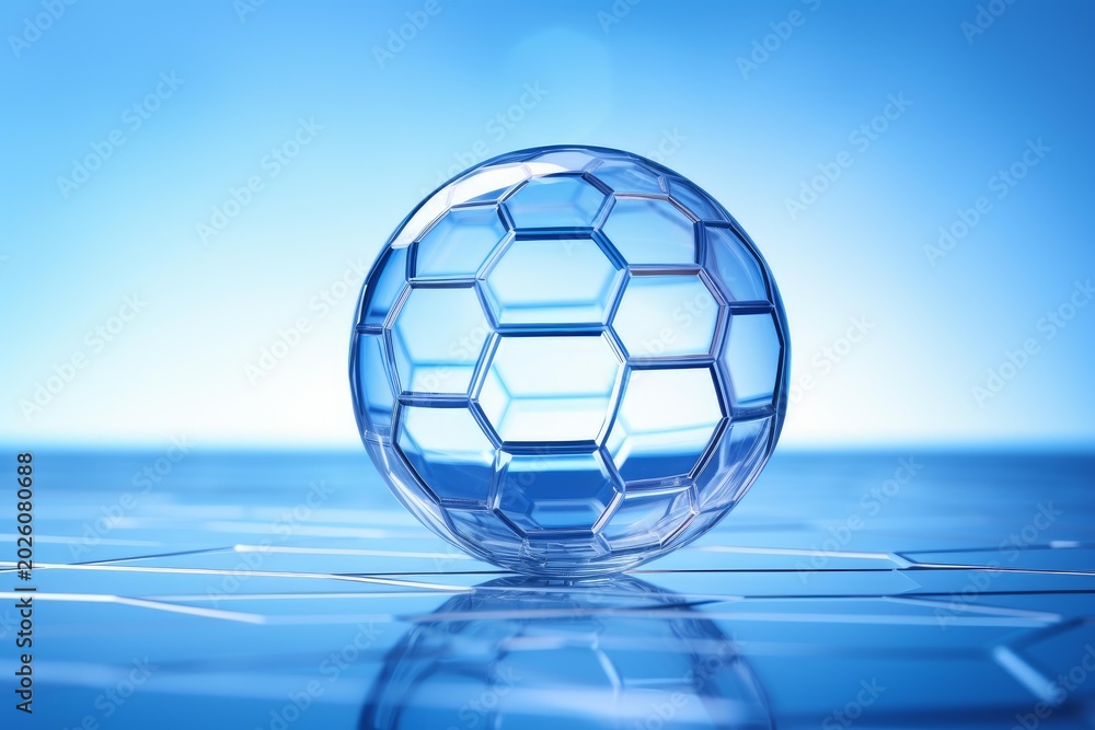 Naklejka premium Glass sphere composed of hexagons reflecting on a tiled blue surface