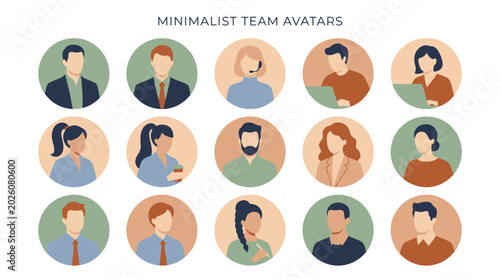 Contemporary flat design avatar illustration set featuring diverse professional profiles for modern user interfaces and team representation