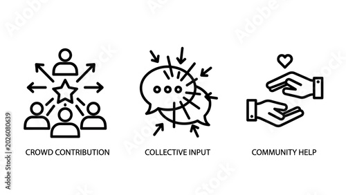 Social collaboration icons illustrating crowd contribution collective input and community help support concepts with contribution collective community collaboration cooperation teamwork feedback