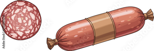 Foto Smoked salami sausage chub with paper label packaging and single round slice vec