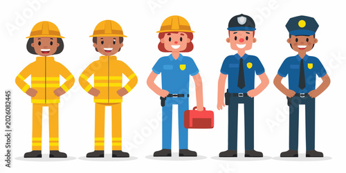 Schilderij op canvas diverse essential workers lineup vector illustration on white background
