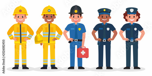 Schilderij op canvas diverse essential workers lineup vector illustration on white background