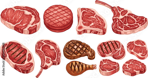 Quadro su tela Realistic vector illustration collection of raw and grilled meat cuts including