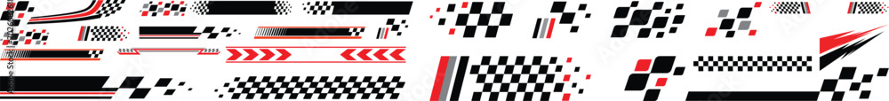 Fototapeta premium racing stripe vector set, race car vector, checkered flag designs, racing stripe speed, decal patterns, dynamic lines, competition, automotive graphics, black and white finish line motorsport