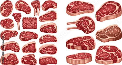 Fotografi Realistic marbled beef steak vector illustration collection featuring fresh raw
