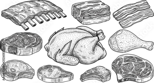 Konstfotografi Vintage butcher shop sketch collection featuring hand drawn vector engravings of