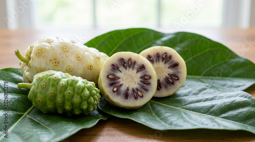 Fresh Noni fruit display with ripe, unripe, and sliced pieces on green leaves. A healthy tropical superfood rich in benefits