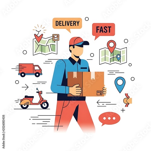 Delivery man with a box and transport icons on a white background