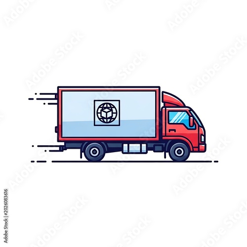 Delivery truck illustration with shipping box symbol on white background