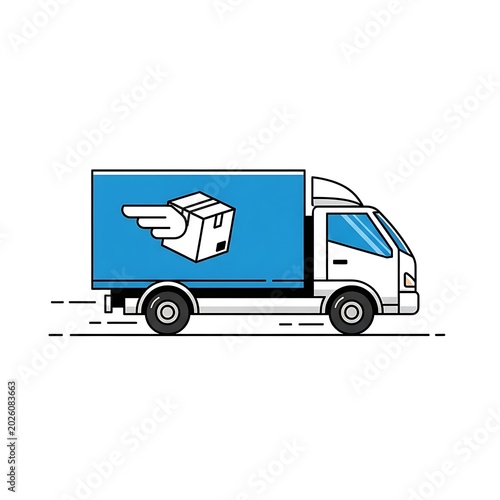Delivery truck illustration with box and wing symbol on white background
