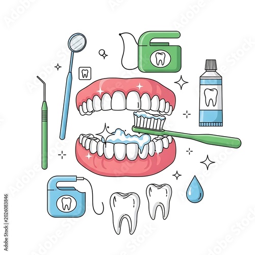 Dental health illustration featuring teeth toothbrush and dental tools