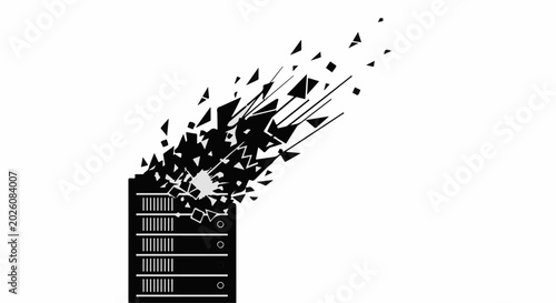 Digital data server exploding into fragmented pieces, symbolizing data loss and system failure