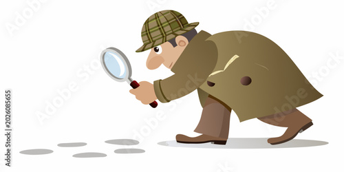 cartoon detective investigating with magnifying glass on white background