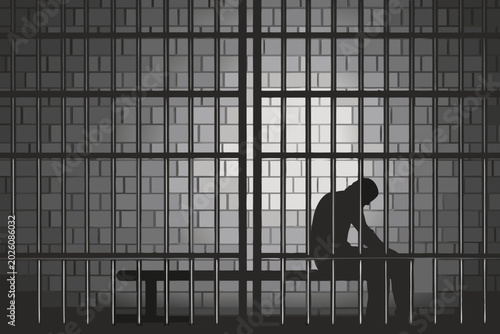 Obraz na plátne prison cell silhouette with seated man grayscale