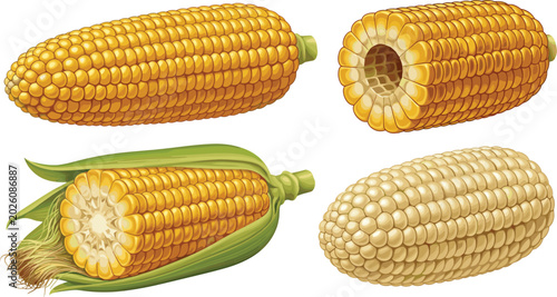 Tableau sur toile Realistic sweet corn vector illustration set featuring yellow cob whole ear shuc