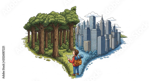 Photos Person standing between a lush forest and a modern city skyline.
