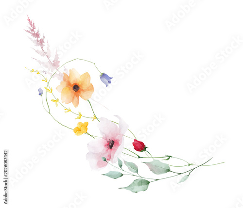 Watercolor floral border bouquet. Pink, orange poppy, yellow buttercup, blue bell flowers, green, turquoise branches, leaves, fern. Hand drawn style illustration. Artistic template design.