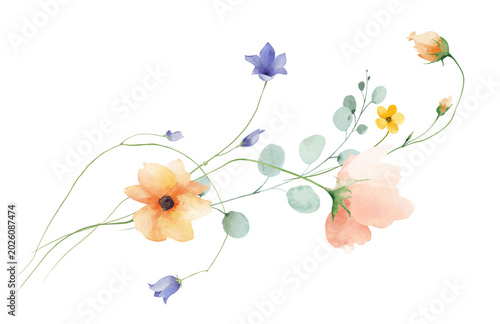 Watercolor peach orange poppy, blue bell flowers, green, turquoise eucalyptus branches, leaves. Floral bouquet arrangement. Hand drawn style illustration. Artistic template design.