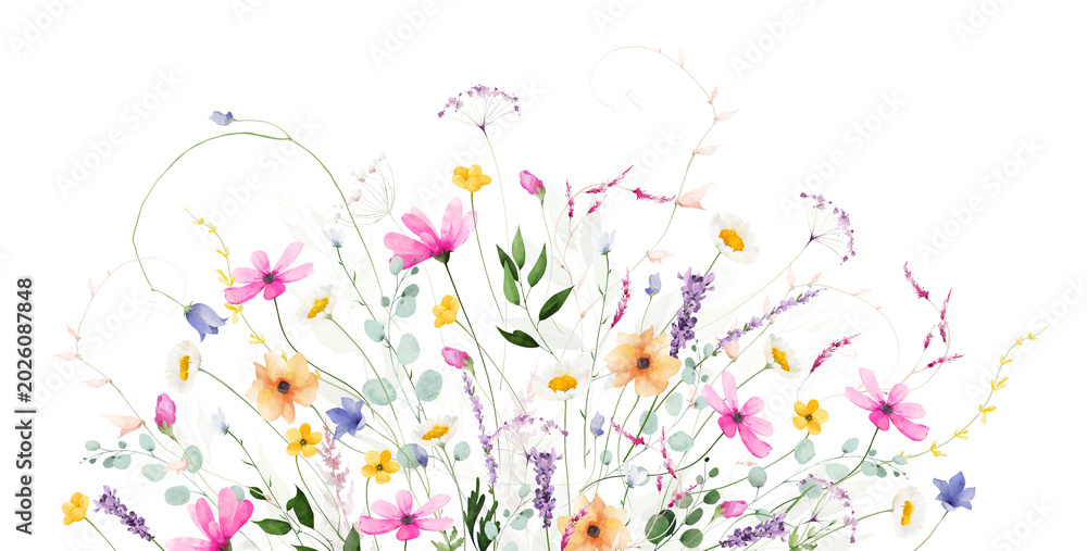 Obraz premium Watercolor floral semicircle border. Meadow violet, orange, pink, yellow, blue flowers, turquoise eucalyptus branches, green leaves, wild herbs. Hand drawn illustration. Artistic template design