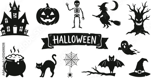 Black silhouettes of halloween icons on white background including house, pumpkin, skeleton, witch, tree, cauldron, cat, spider web, bat, ghost, hat