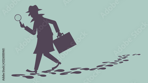 Tableau sur toile detective silhouette with magnifying glass and footprints on teal