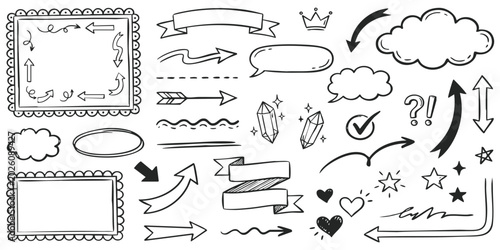 Set of hand drawn doodle elements including frames arrows speech bubbles ribbons stars hearts and decorative dividers