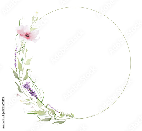Watercolor floral round wreath bouquet border frame. Dusty pink, blush poppy flowers, violet lavender, olive green branches, leaves. Hand drawn style illustration. Artistic template design.