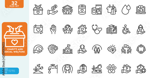 Obraz na plátne Charity and social welfare Vector illustration line editable icon set