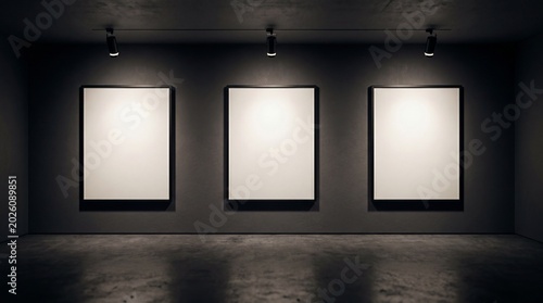Empty art gallery with three blank white frames on dark gray wall spotlights shining down concrete floor modern interior design minimalistic exhibition space empty museum room