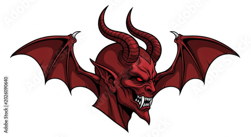 Photos Red Devil With Bat Wings Horns and Fangs.