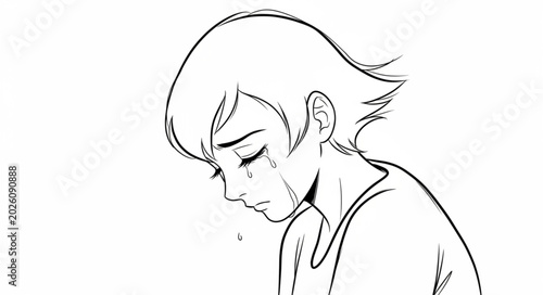 Cuadro en lienzo Sad Anime Girl Crying Tears Black and White Sketch.