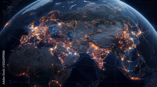 Fotografía Globe with illuminated city lights at night showing global connections and urban
