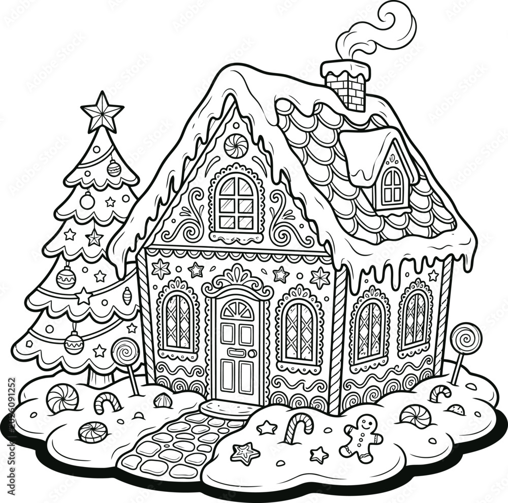Obraz premium Intricately decorated gingerbread house with candy windows, frosting roof, and gumdrop accents, festive holiday
