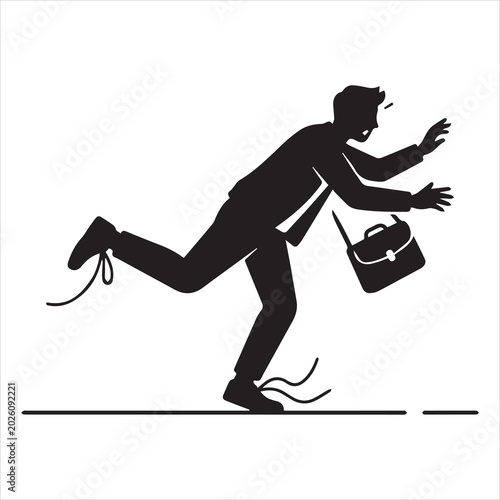 Clumsy Person Falling Because of Loose Shoelaces Minimal Black Silhouette Concept