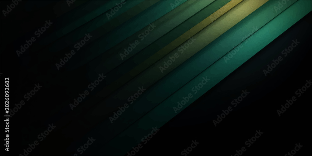 Obraz premium Abstract dark green and gold diagonal stripes background with elegant 3D layered geometric design for corporate tech banner