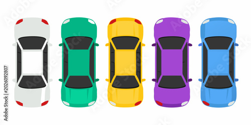 Fotografie colorful cars top view a lineup of vibrant automobiles