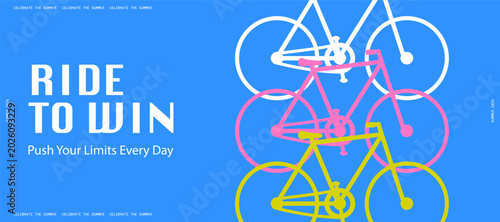 Photos Cycling Sport Horizontal Banner Template with Overlapping Bicycle Outlines in Pink, Yellow and White and Bold Motivational Typography on Blue Background